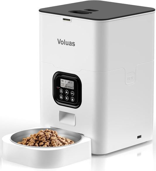 VOLUAS Automatic Cat Feeders - Timed Pet Feeder for Cats and Dogs with Dry Food Dispenser, Desiccant Bag, Programmable Portion Control, 4 Daily Meals, 10s Voice Recorder