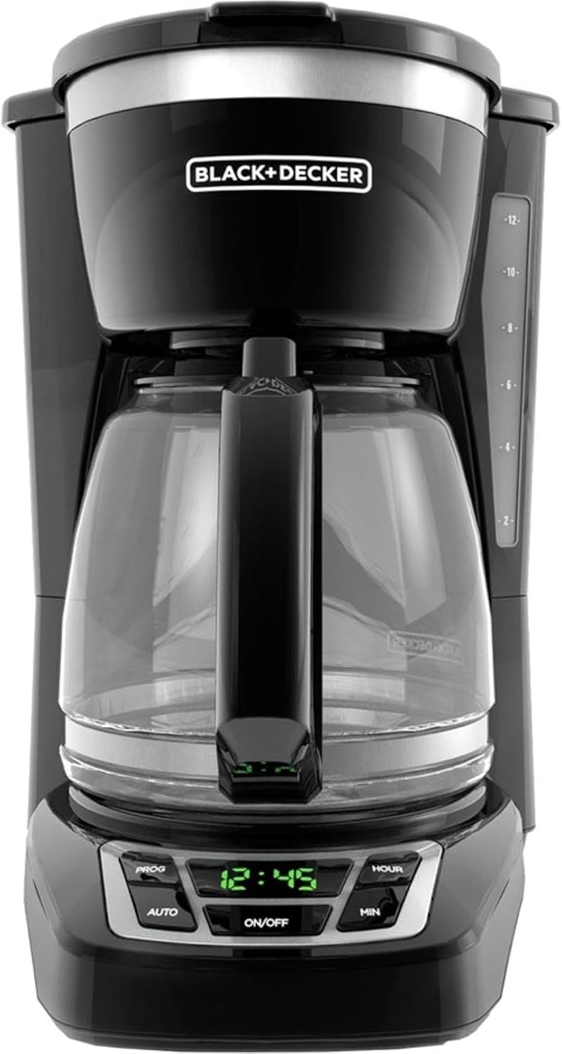 BLACK DECKER 12-Cup Digital Coffee Maker, Programmable, Washable Basket Filter, Sneak-A-Cup, Auto Brew, Water Window, Keep Hot Plate, Black